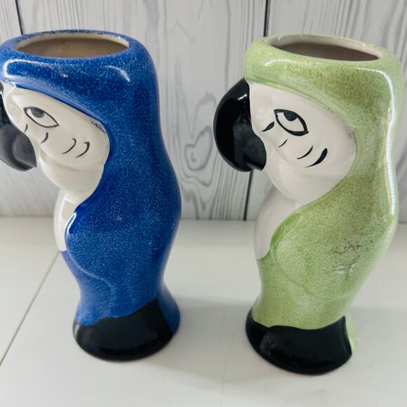 Set of 2 Vintage Parrot Macaw Ceramic Tropical Island Tiki 8" Vase Blue Green - Picture 4 of 8
